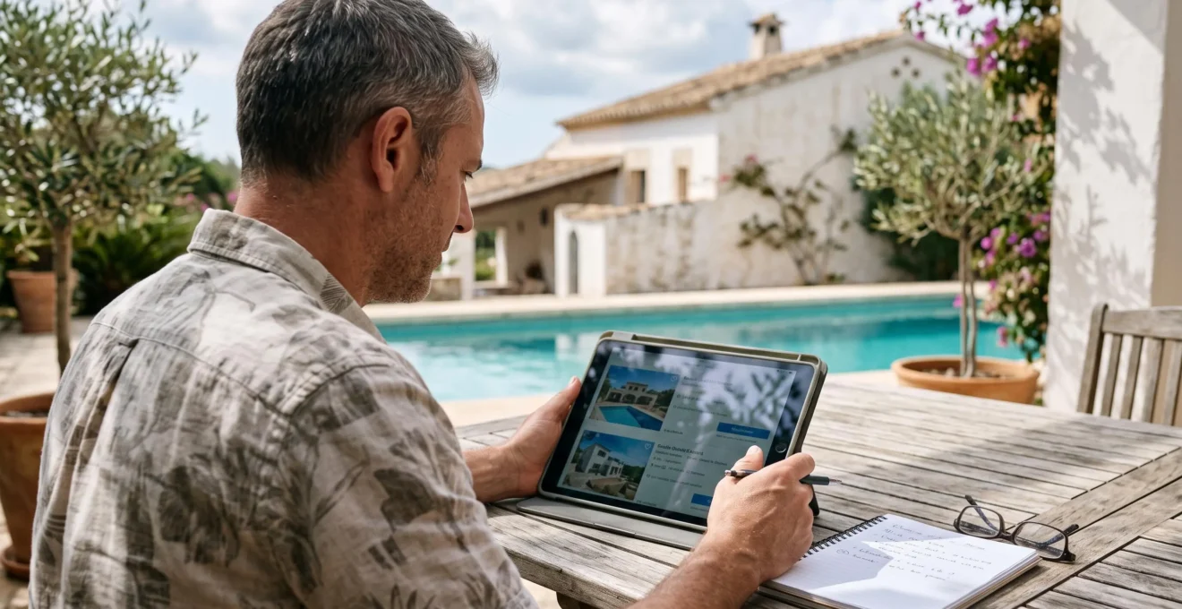 A man compares villa listings on a tablet by a pool on Île de Ré.