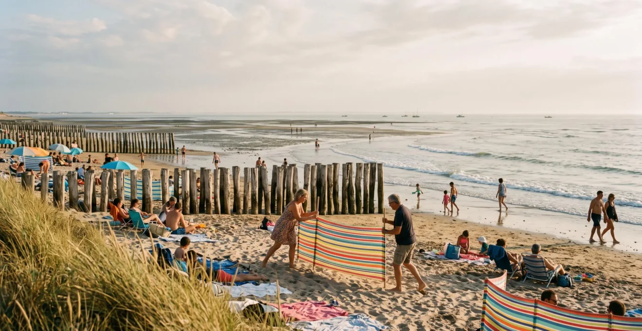 People relax on a wide Île de Ré beach at low tide in golden afternoon light.