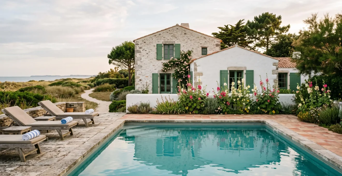 A luxury stone villa on Île de Ré with a private pool and loungers.