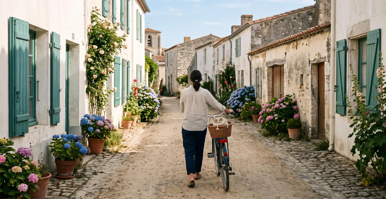 A woman pushes a bicycle along a quiet whitewashed village lane on Île de Ré.